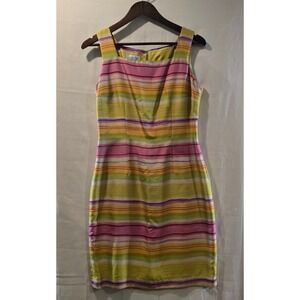 DAVID WARREN NEW YORK Striped Sheath Dress Size 4 Silk V-Neck Sleeveless
